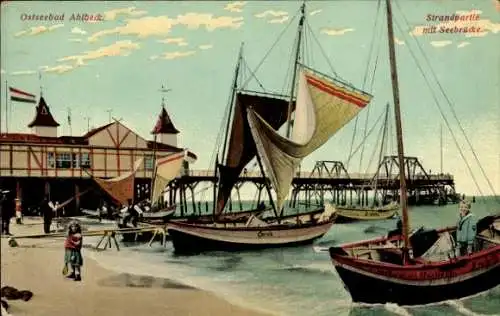Ak Ostseebad Ahlbeck auf Usedom, Ostseebad  Strandpartie, mit Seebrücke, Schiffe, Hafen