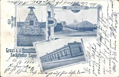 Ak Lockstedt in Holstein, Lockstedter Lager, nmotiv mit Lagergebäuden, Steindenkmal, Grußtext