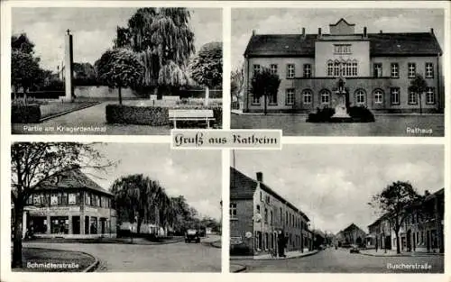 Ak Ratheim Hückelhoven Nordrhein Westfalen, Kriegerdenkmal, Rathaus, Schmidterstraße, Buscherstra