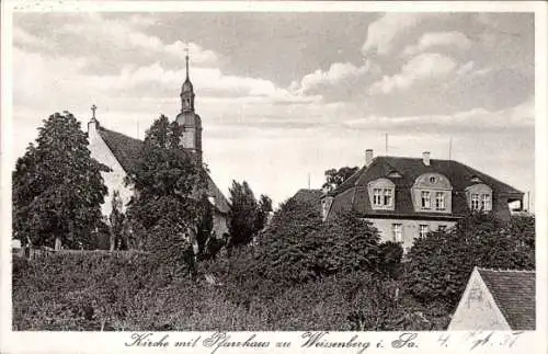 Ak Weißenberg in Sachsen, Kirche mit Pfarrhaus