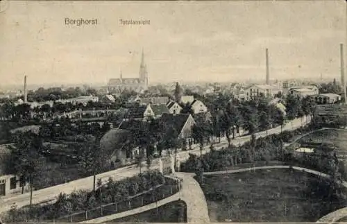 Ak Borghorst Steinfurt in Nordrhein Westfalen, Totalansicht der Ortschaft, Kirche, Parkanlage