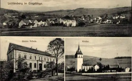 Ak Lichtenberg im Erzgebirge,  Panorama, Untere Schule, Kirche