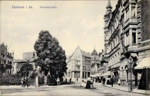 Ak Limbach in Sachsen, Stadtansicht, Johannesplatz, Gebäude, Bäume, Menschen auf der Straße