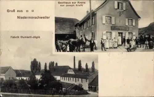Ak Morschwiller le Bas Niedermorschweiler Elsass Haut Rhin, Gasthaus zur Krone, Fabrik Dumeril-Jägle