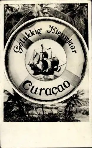 Ak Curaçao Niederländische Antillen Karibik, Gelukkig Nieuwjaar, Schiff, Küstenlandschaft, Palmen