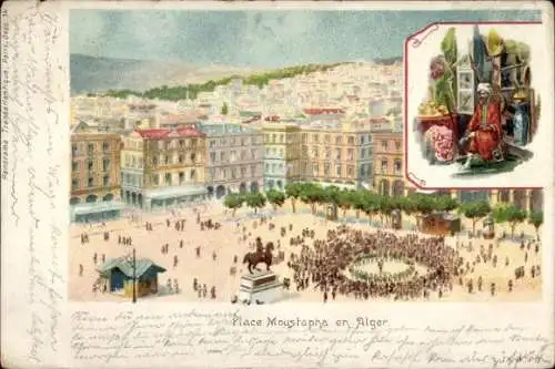Ak Algier Alger Algerien, Platz Moustapha, Menschenmenge, Gebäude, Statue