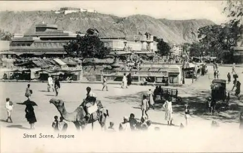 Ak Jeypore Jaipur Indien, Straßenszene,  Kamele, Menschen, Gebäude, Berge