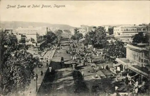 Ak Jeypore Jaipur Indien, Straßenszene, Menschen, Gebäude, Bäume, Markt, Johri Bazar