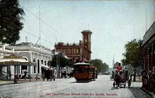 Ak Calcutta Kolkata Kalkutta Indien, Straße, historische Gebäude, Straßenbahn, Bäume, Menschen