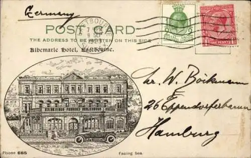 Ak Eastbourne East Sussex England, Albemarle Hotel, Postkarte, Auto im Vordergrund, Facing Sea