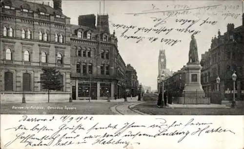 Ak Barrow in Furness Cumbria England, Denkmal am Platz, Gleise