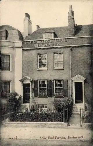 Ak Portsmouth Hampshire England, Charles Dickens Geburtshaus, Mile End Terrace, Geburtstagsdat...