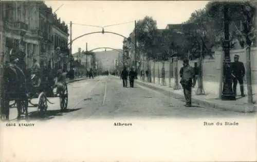 Ak Athen Griechenland, Strasse mit Pferdewagen, Menschen, Architektur, Straßenbahn