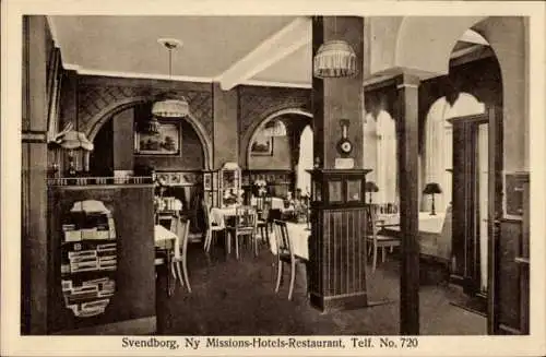 Ak Svendborg Dänemark, Inneneinrichtung, Restaurant, Tische, Stühle, Lampen, Dekoration