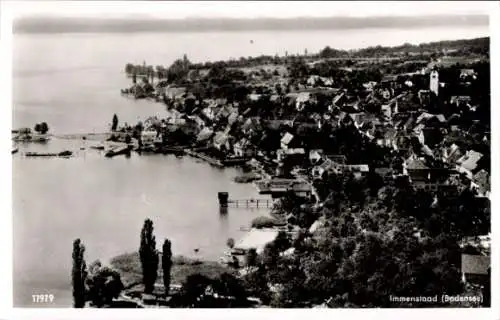 Ak Immenstaad am Bodensee, Landschaft mit See, Häusern, Bäumen, Kirche, Stadtansicht