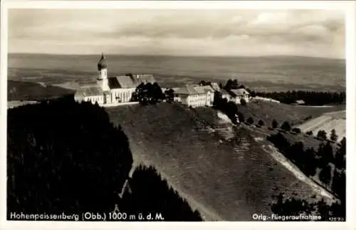 Ak Hetten Hohenpeißenberg in Oberbayern, Landschaftsaufnahme, Kirche, Berggasthof, weites Tal