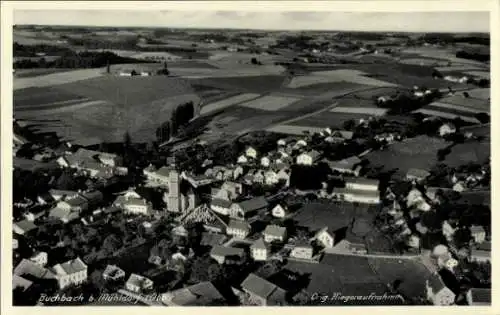Ak Buchbach in Oberbayern, Luftaufnahme von  ländliche Umgebung, Häuser, Kirche