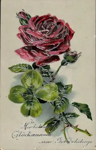 Glitzer Ak Glückwunsch Geburtstag, Rose, Klee