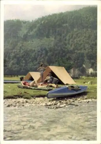 Ak Fahr fröhlich in die weite Welt mit Kleppermantel, Boot und Zelt, Kanu, Reklame