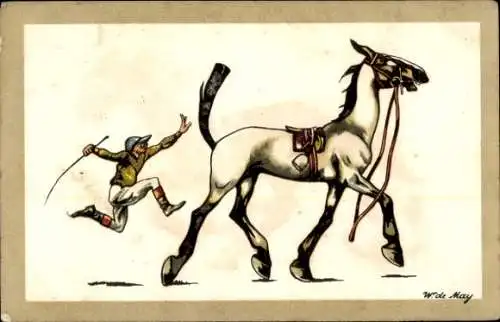 Künstler Ak de May, W., Pferd, Jockey, Humor