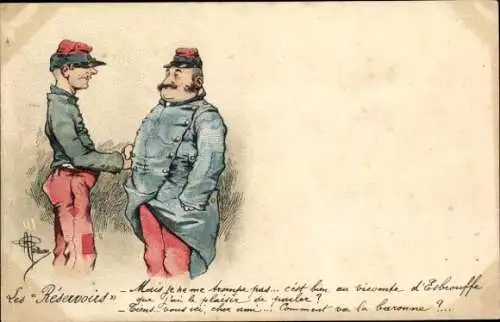 Künstler Ak Zwei französische Soldaten in Uniformen, Gespräch