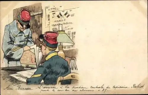 Künstler Litho Französische Soldaten in Uniformen, Gespräch, Mann am Schreibtisch, Buch