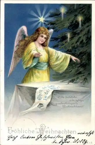 Litho Glückwunsch Weihnachten, Engel, Tannenbaum