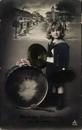 Ak Glückwunsch Geburtstag, Kind, Musikinstrumente, Trommel