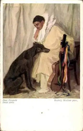 Künstler Ak Wollner, H., Zwei Freunde, Mann, Hund, Gitarre