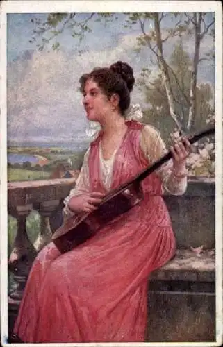 Ak Frau mit Gitarre auf einer Terrasse, Porträt