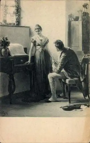 Künstler Ak Zewy, Liebespaar, Klavier