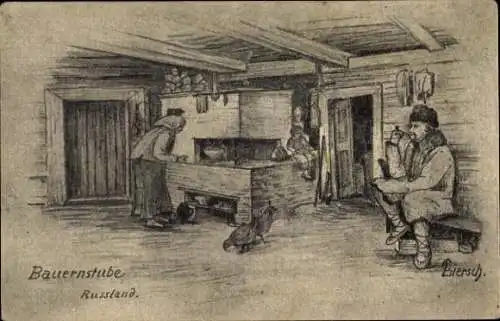 Künstler Ak Liersch, Russland, Bauernstube, Ehepaar