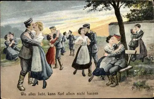 Künstler Ak Hoffmann, Ad., Tanzpaare, Soldaten, Liebespaare, Wo alles liebt, kann Karl allen...