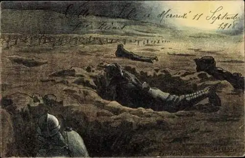 Künstler Ak Französische Soldaten auf dem Schlachtfeld