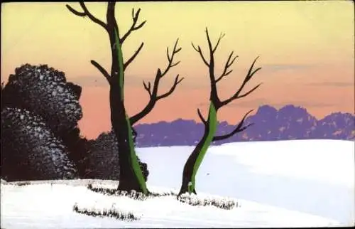 Handgemalt Ak Winter, Schnee, Bäume, Gebüsch