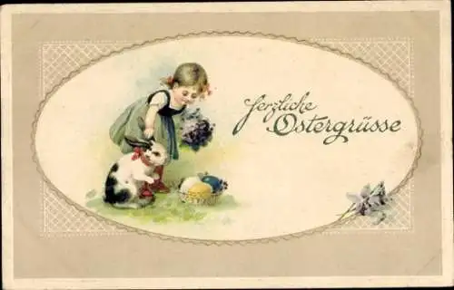 Präge Passepartout Litho Ostern, Mädchen, Osterhase