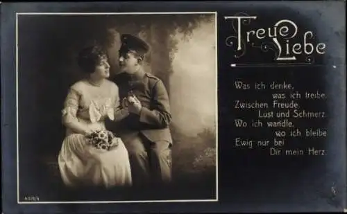 Ak Liebespaar, Soldat mit Frau, Treue Liebe, Was ich denke, was ich treibe...