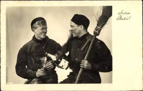 Ak Frohes Neujahr, zwei Schornsteinfeger stoßen an