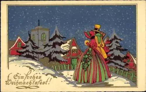 Ak Glückwunsch Weihnachten, Liebespaar, Spaziergang, Tannenbäume