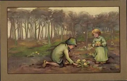 Künstler Ak Barham, S., Kinder pflücken Blumen, Wald