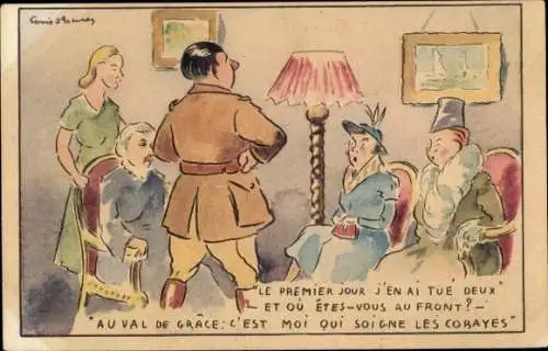 Künstler Ak Le Premier jour j'en ai tue deux, französischer Soldat, Frauen