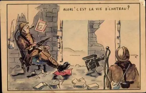 Künstler Ak Britische Soldaten, Zerstörtes Haus, Gewehr, Pfeife, I. WK