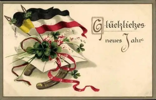 Ak Glückwunsch Neujahr, Fahnen, Glücksklee, Hufeisen