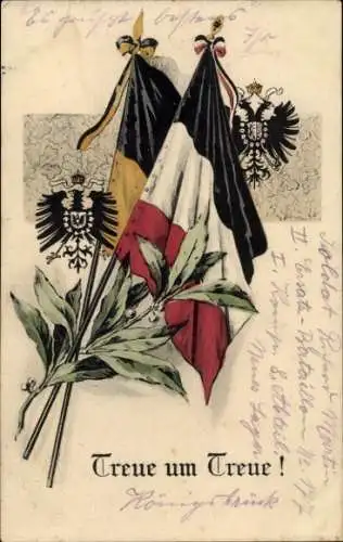 Ak Treue um Treue, Flaggen, Deutsches Reich, Österreich, Wappen