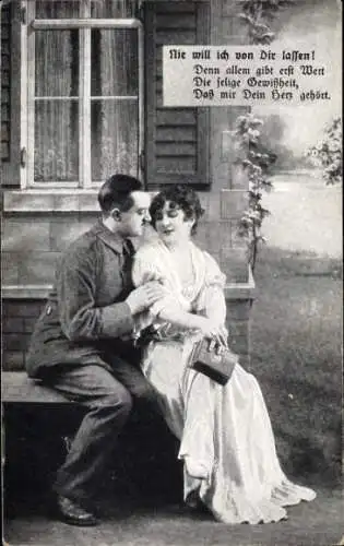 Ak Nie will ich von dir lassen, Liebespaar auf der Bank vor einem Haus
