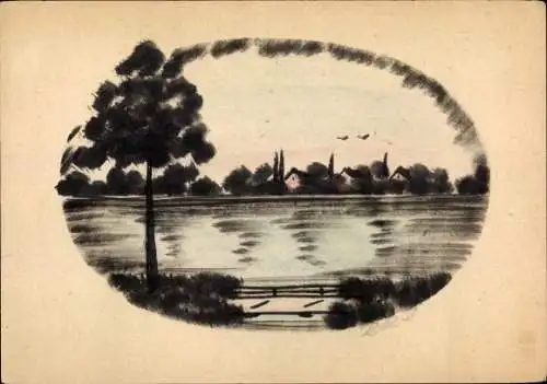 Handgemalt Künstler Ak Dorfidyll, Wasserpartie