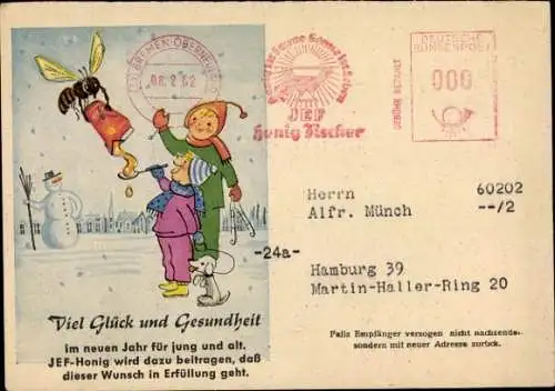 Ak Fröhliches Neujahr, JEF Honig, Biene, Kinder, Johannes E. Fischer
