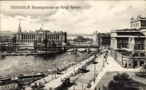 Ak Stockholm Schweden,  Riksdagshuset, Kungl. Operan, Balts Apens, Hafenansicht
