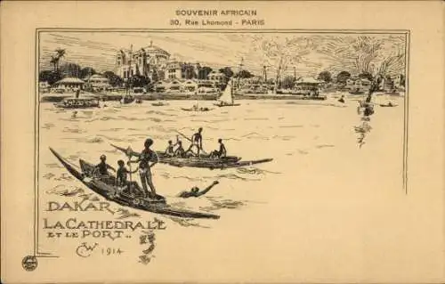 Künstler Ak Dakar Senegal, Die Kathedrale und der Hafen