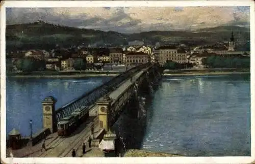 Künstler Ak Linz in Oberösterreich, Urfahr und Pöstlingberg, Straßenbahn